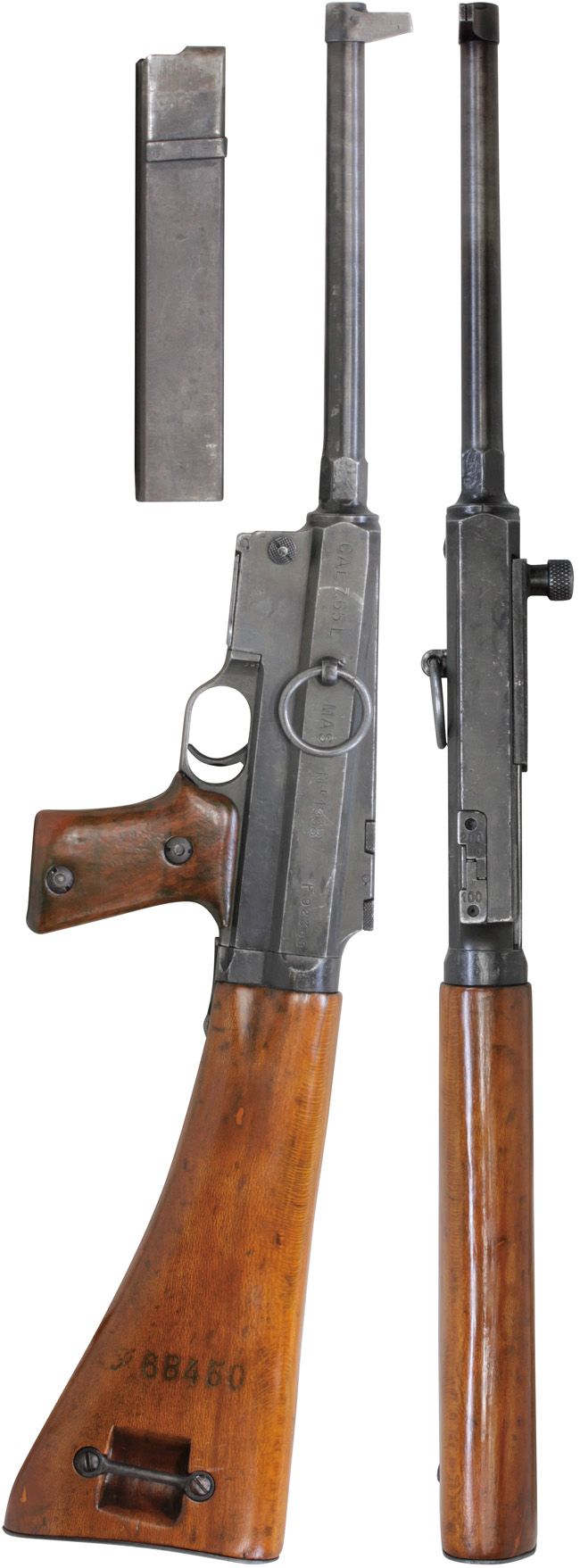 第二次大戦期 フランス軍 MAS Mle 1938 短機関銃の全体・側面ビュー その1