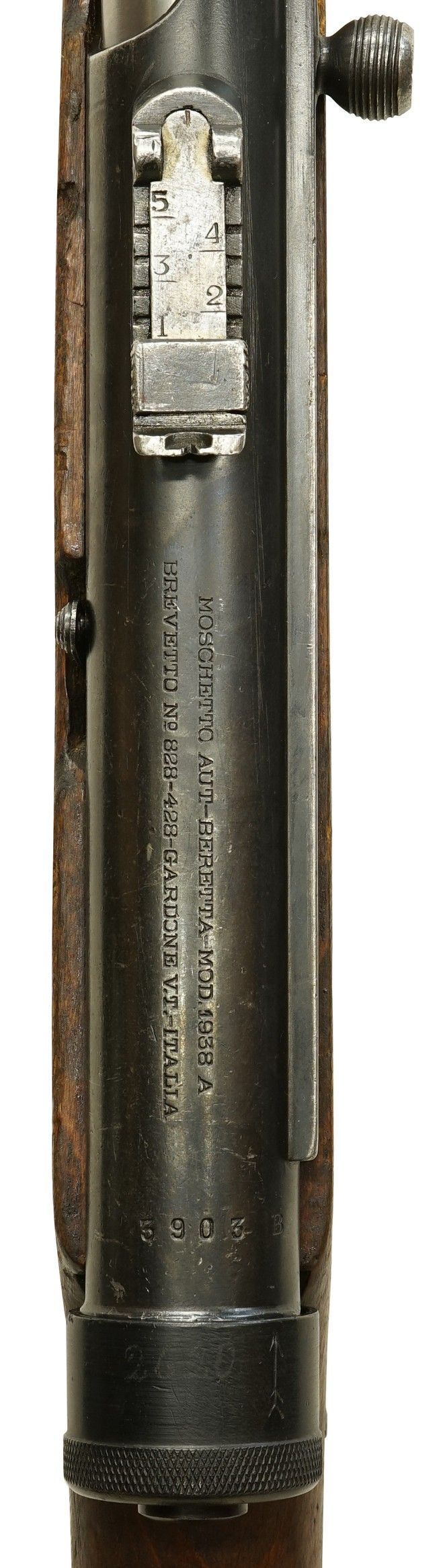 ベレッタ M1938A 短機関銃 III型のリア・サイトおよび機関部上面の刻印の詳細