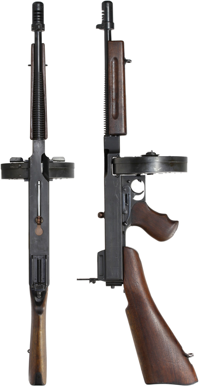 第二次大戦期 アメリカ軍 トンプソン M1928A1 短機関銃の全体・側面ビュー その1