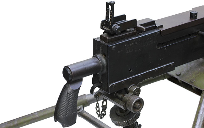 第二次大戦期 アメリカ軍 ブローニング .30口径 M1919A4 重機関銃 三脚搭載状態のトリガーおよびグリップ周辺の詳細