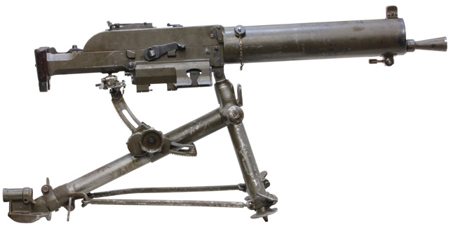 第一次大戦期 オーストリア軍 シュワルツローゼ M1907/12 重機関銃 三脚搭載状態の右側面ビュー