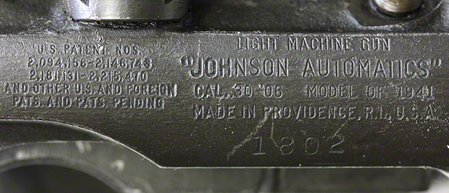 第二次大戦期 アメリカ軍 ジョンソン M1941 軽機関銃のパテント刻印およびモデル名刻印の詳細