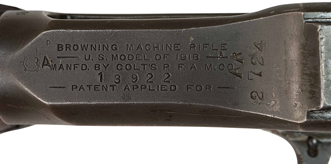 BAR M1918A2 ブローニング オートマチック ライフルの機関部上面の刻印の詳細