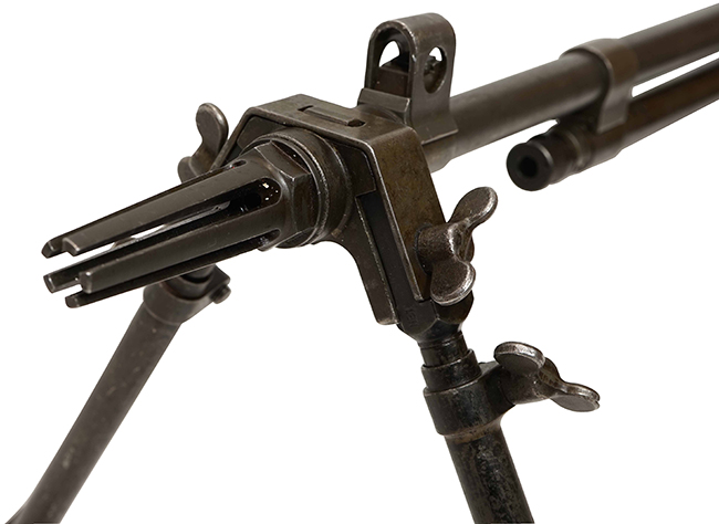 BAR M1918A2 ブローニング オートマチック ライフルの二脚（バイポッド）基部およびフラッシュ・ハイダーの詳細