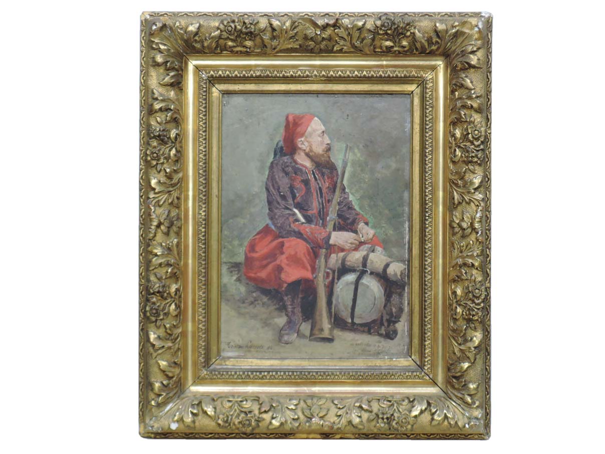 油絵 「ズアーブ義勇兵 1870-71年、Tristan L. J. Lacroix作」当時物オリジナル額装付