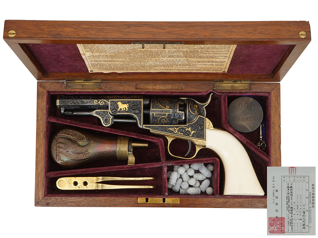 コルト M1849 ポケット リボルバー 4" 銃身モデル (銃砲刀剣類登録証付古式銃、井浦氏彫刻入、#89130)