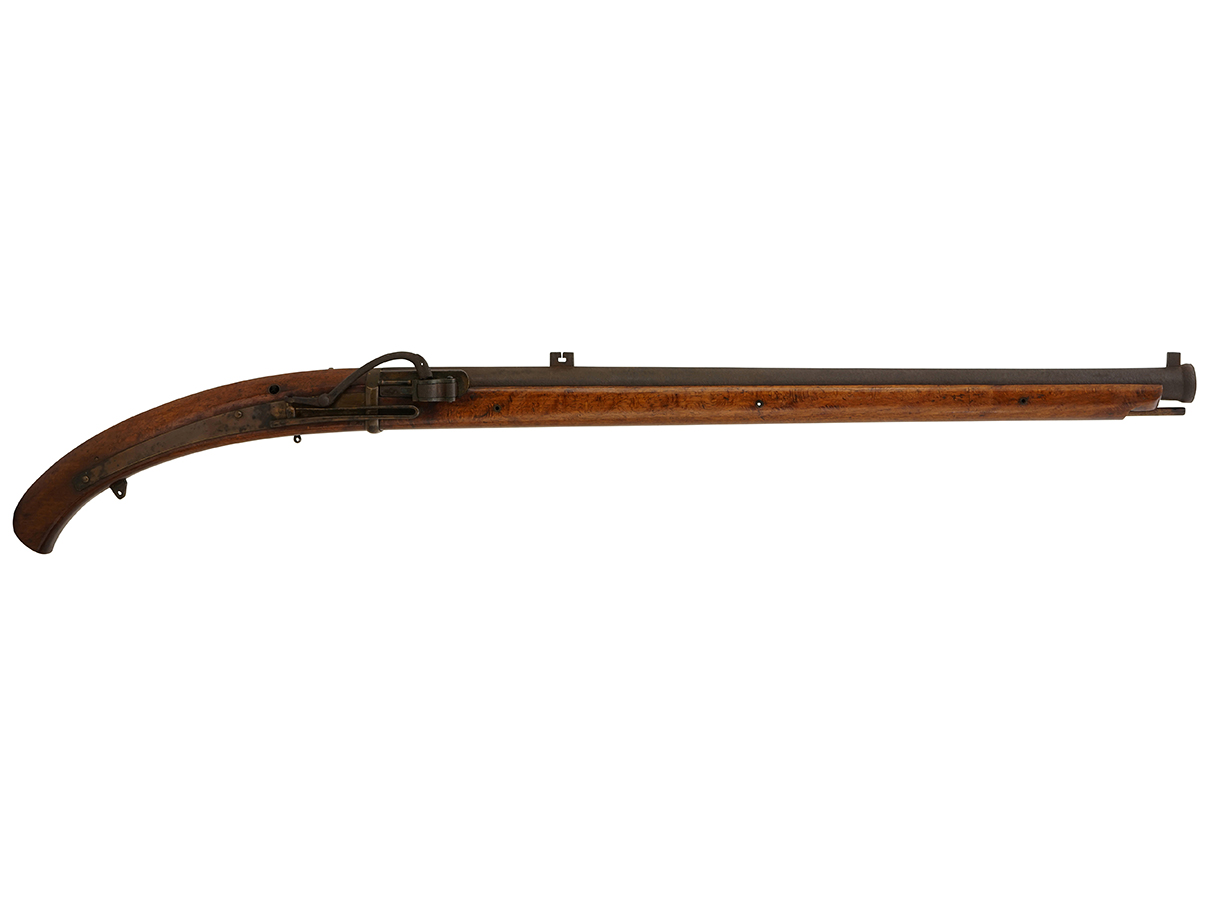 火縄銃 井上外記流十匁讃岐中筒 (銃砲刀剣類登録証付古式銃、在銘: 巻張 阿州石田兵之助正勝作)(戸)(50)